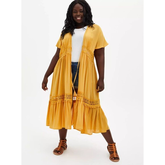 Torrid Duster Length Yellow Tie-Waist Boho Kimono Size 4 or 26 Plus - Picture 2 of 4